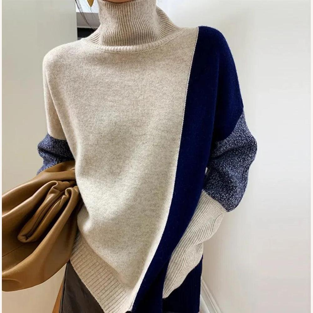 Pull Femme Col Roulé Color Block Douillet en Maille – Chic et Moderne pour un Style Décontracté