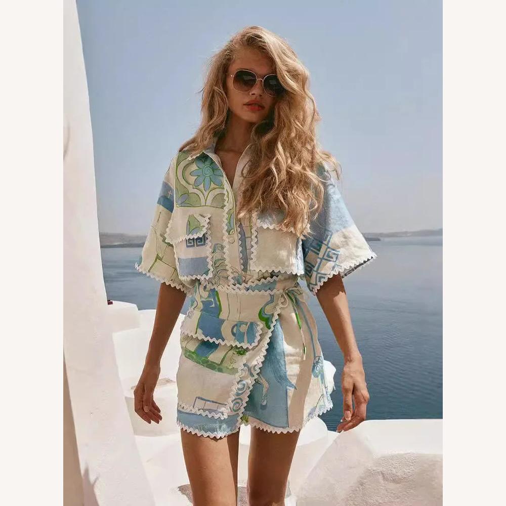 Ensemble pour Femme Été Patchwork Bohème Chic – Chemise Ample et Short Effet Portefeuille en Coton Léger