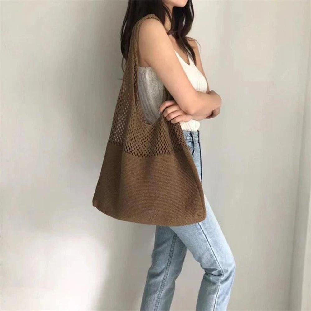 Sac à Main Femme en Crochet Vintage – Grand Tote en Coton Idéal pour Plage et Été, Style Décontracté Boho Chic