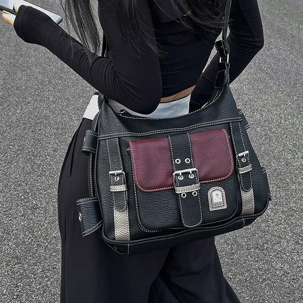 Sac à Main Femme Y2K en Cuir PU avec Bandoulière Réglable – Design Vintage Élégant Noir et Bordeaux