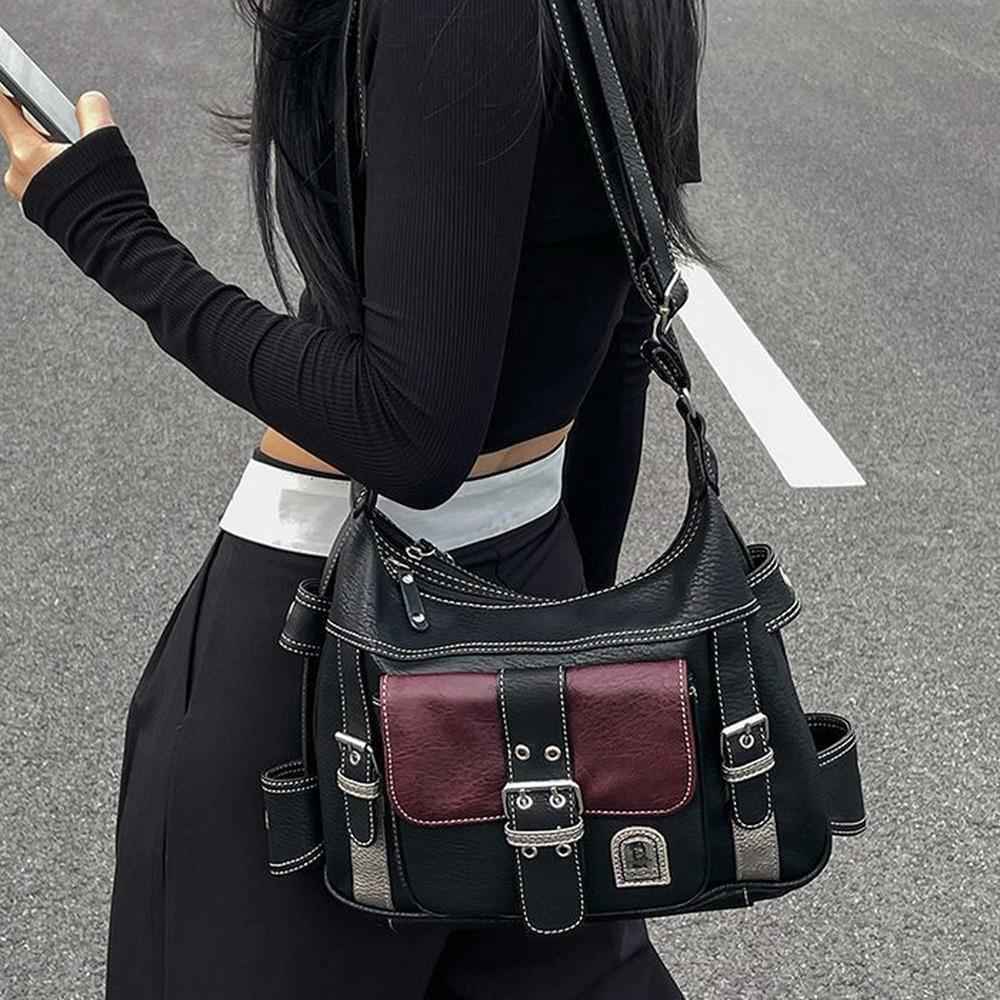 Sac à Main Femme Y2K en Cuir PU avec Bandoulière Réglable – Design Vintage Élégant Noir et Bordeaux