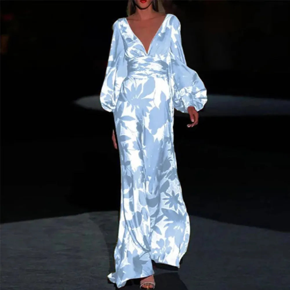 Robe Longue Femme Élégante avec Décolleté en V et Manches Bouffantes – Style Boho Décontracté