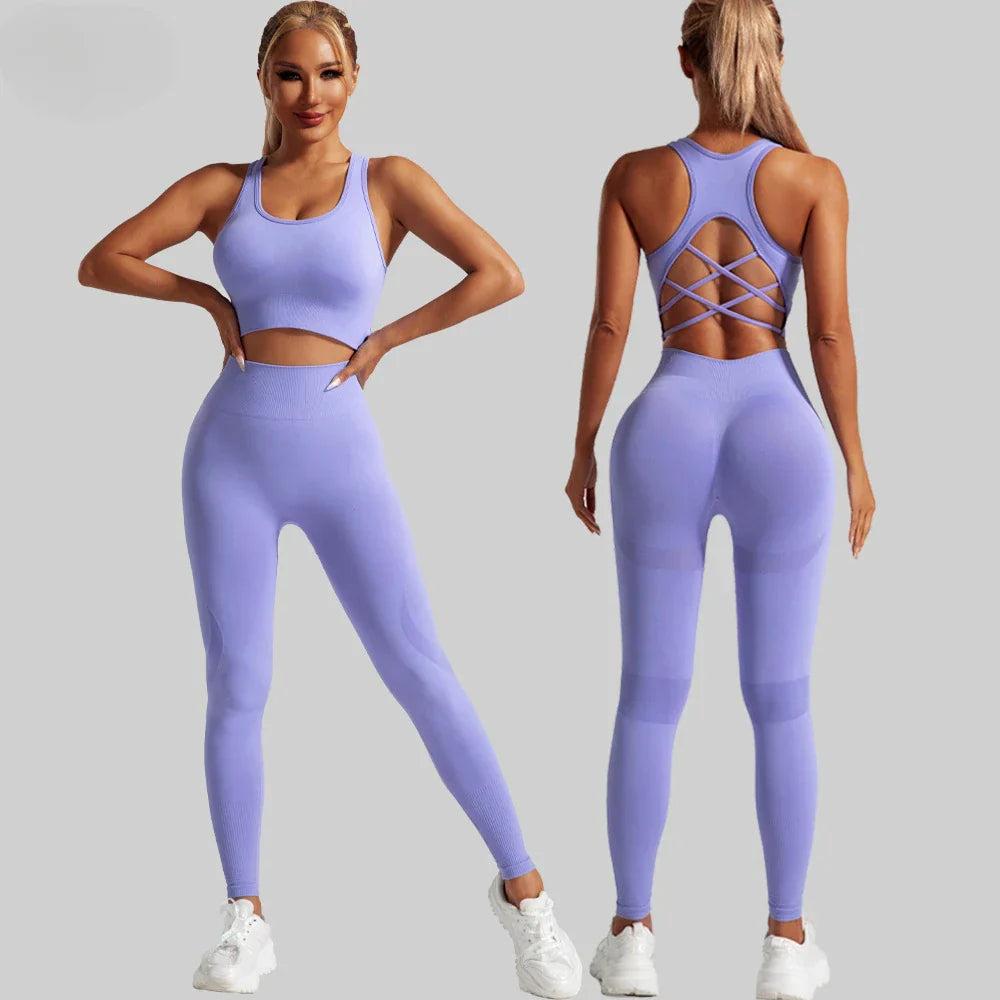 Ensemble de Sport Femme Seamless Taille Haute avec Brassière Dos Croisé - Confort Optimal pour Gym et Yoga