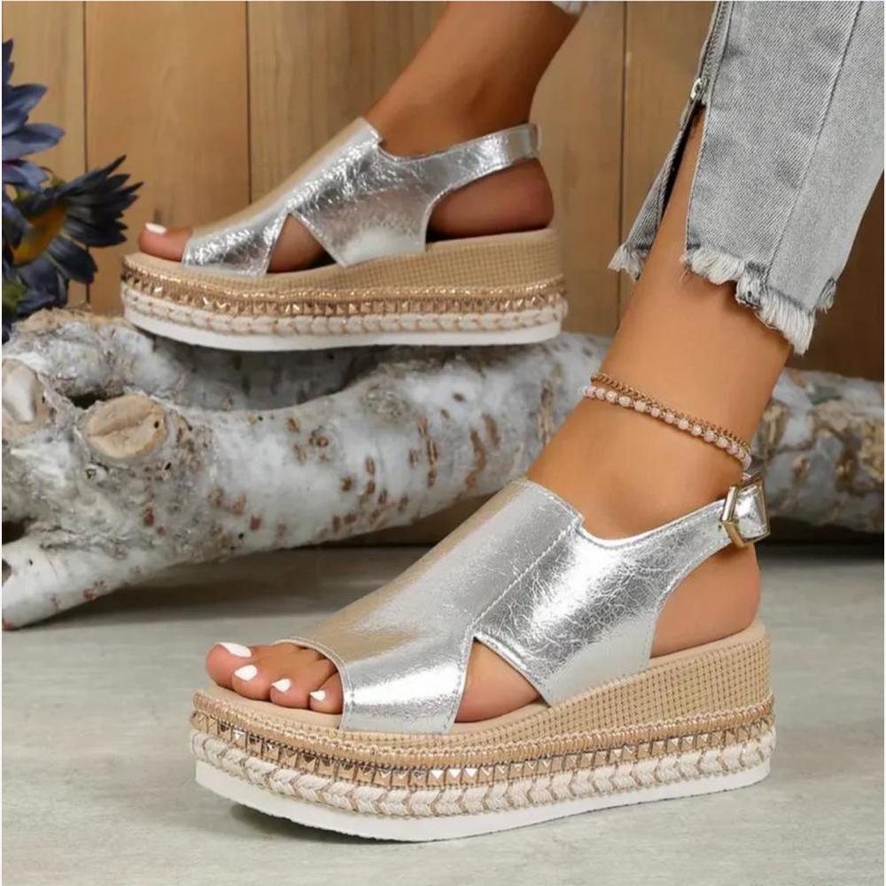 Variant image for Sandales Femme Métalliques Dorées Taille 38 Cuir PU Compensées-9