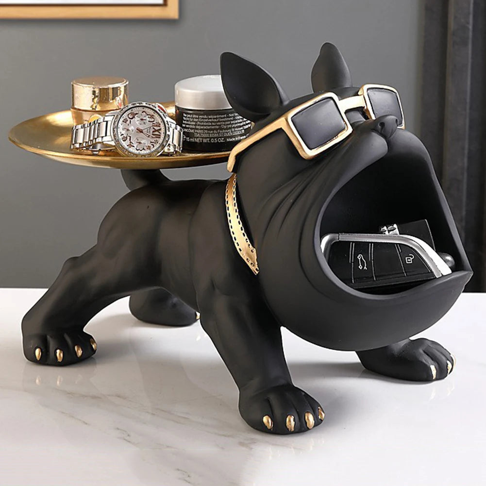Sculpture de Bulldog en Résine - Support de Clés et Plateau à Bonbons pour Décoration Intérieure