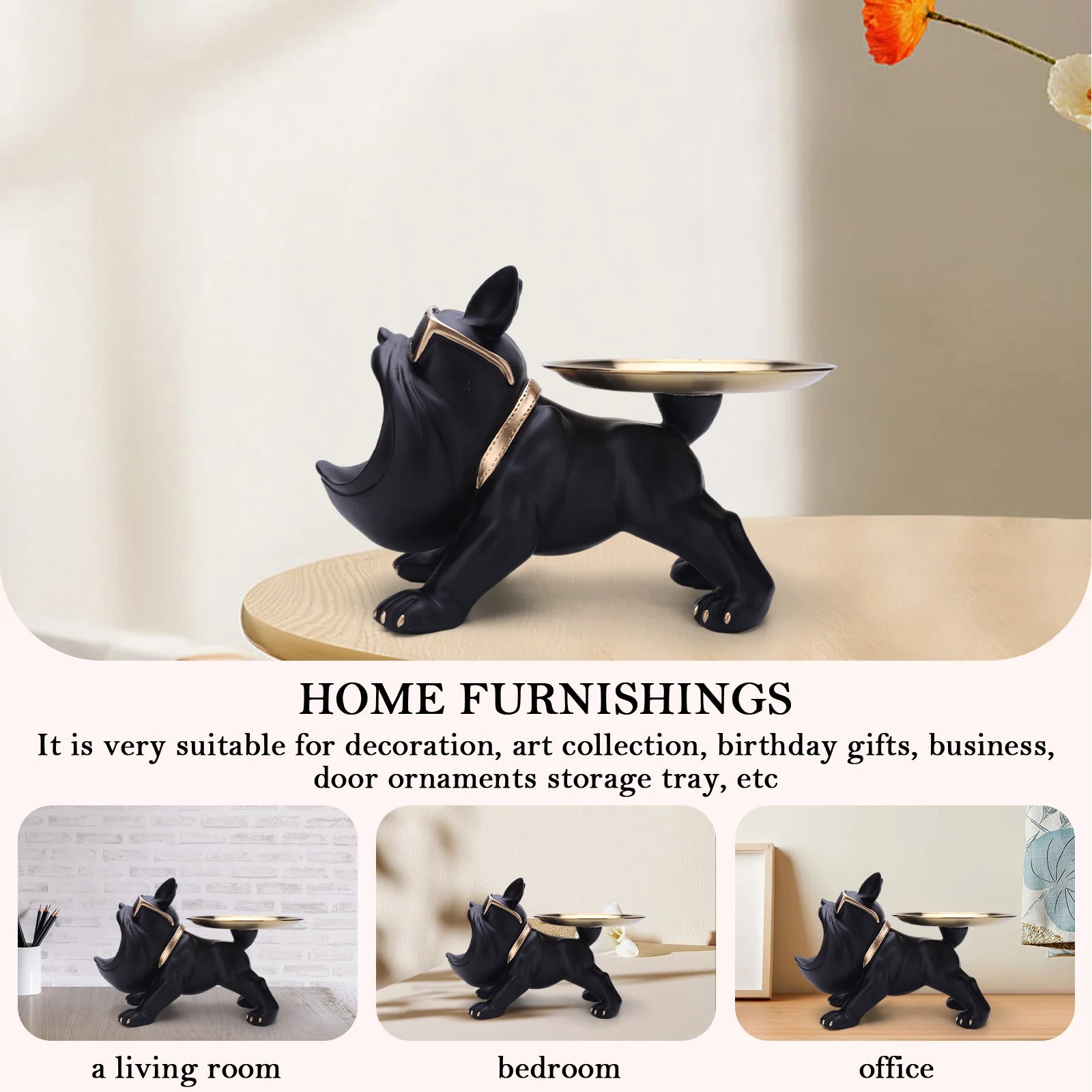 Sculpture de Bulldog en Résine - Support de Clés et Plateau à Bonbons pour Décoration Intérieure