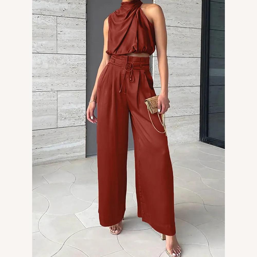 Ensemble Tailleur Femme Satiné Élégant - Haut Court et Pantalon Palazzo Beige, Chic et Confortable