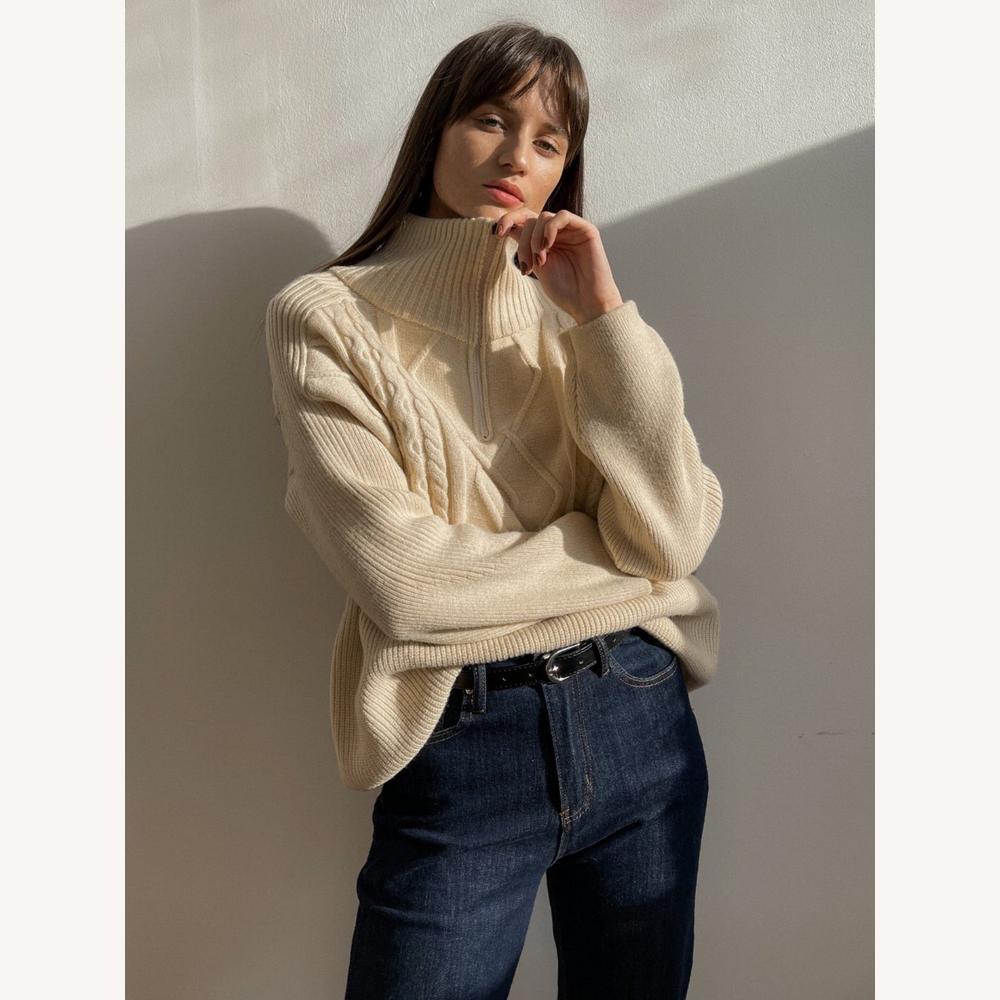 Pull Femme Zippé en Maille Torsadée – Confort et Élégance, Col Montant, Coupe Décontractée, Coton et Acrylique
