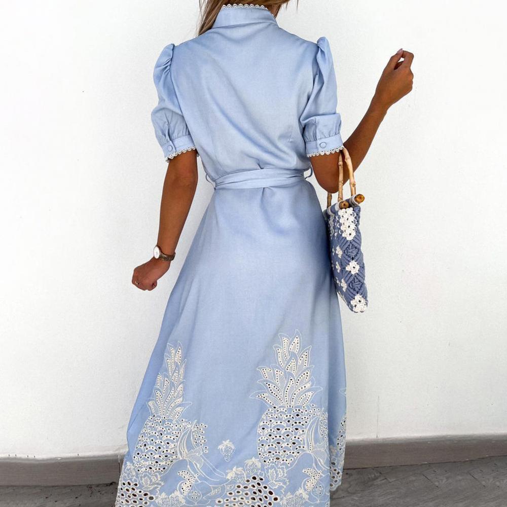 Robe Longue Femme Élégante en Coton avec Broderie - Robe Maxi d'Été Disponible en Bleu Ciel et Blanc