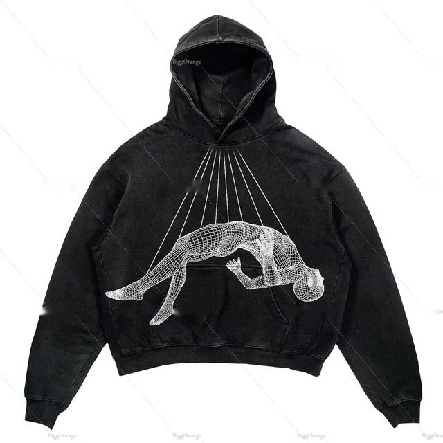 Sweat à Capuche Court en Polyester avec Graphique Squelette 3D – Style Streetwear 0