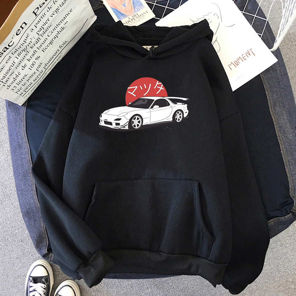 Sweat à Capuche Léger Unisexe avec Graphisme Automobile et Épaules Tombantes – Polyester Doux, Poche Kangourou 0