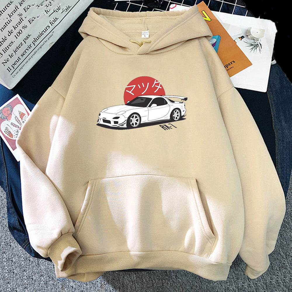 Sweat à Capuche Léger Unisexe avec Graphisme Automobile et Épaules Tombantes – Polyester Doux, Poche Kangourou 1
