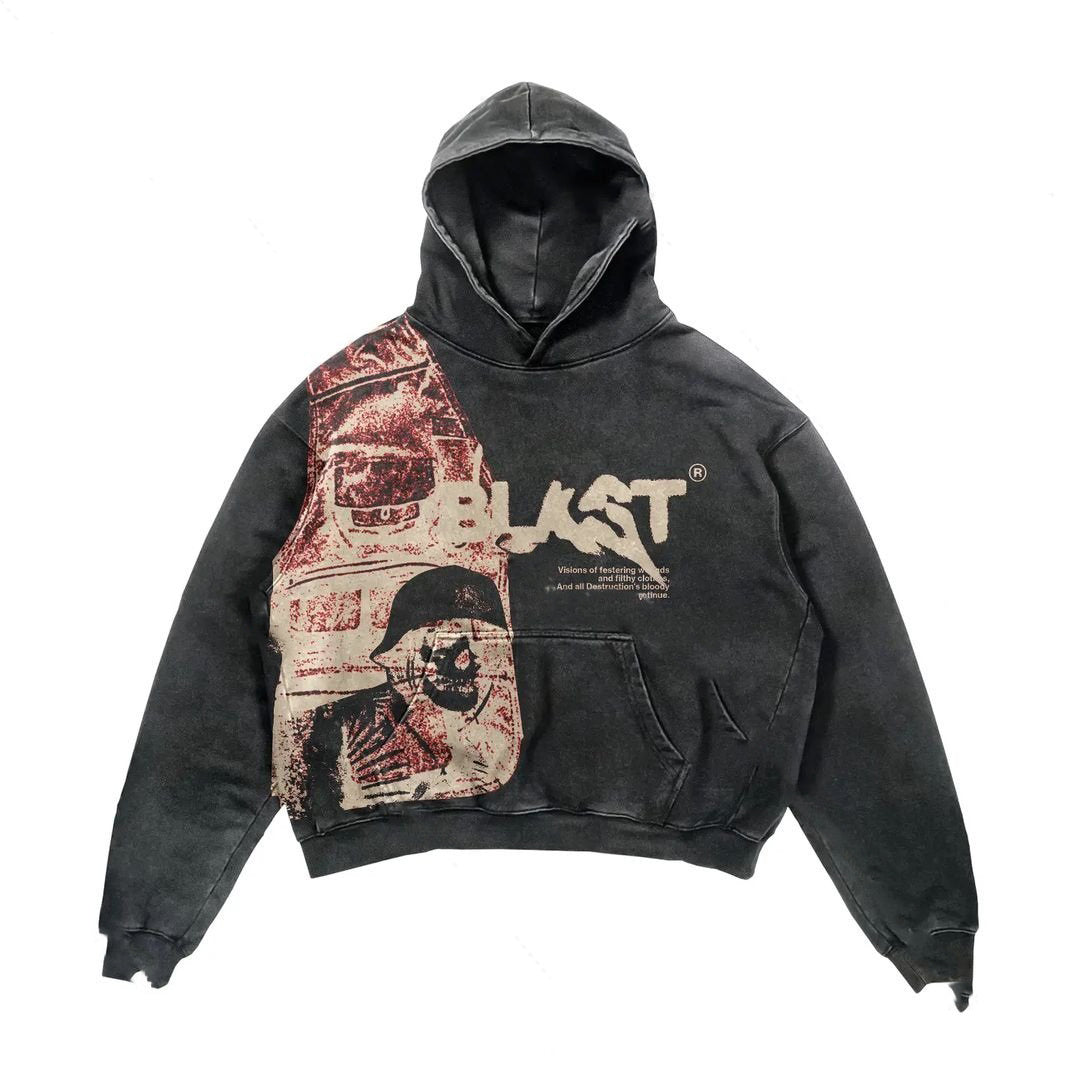 Sweat à Capuche Oversize en Polyester avec Graphique Détresse – Style Urbain Vintage 0