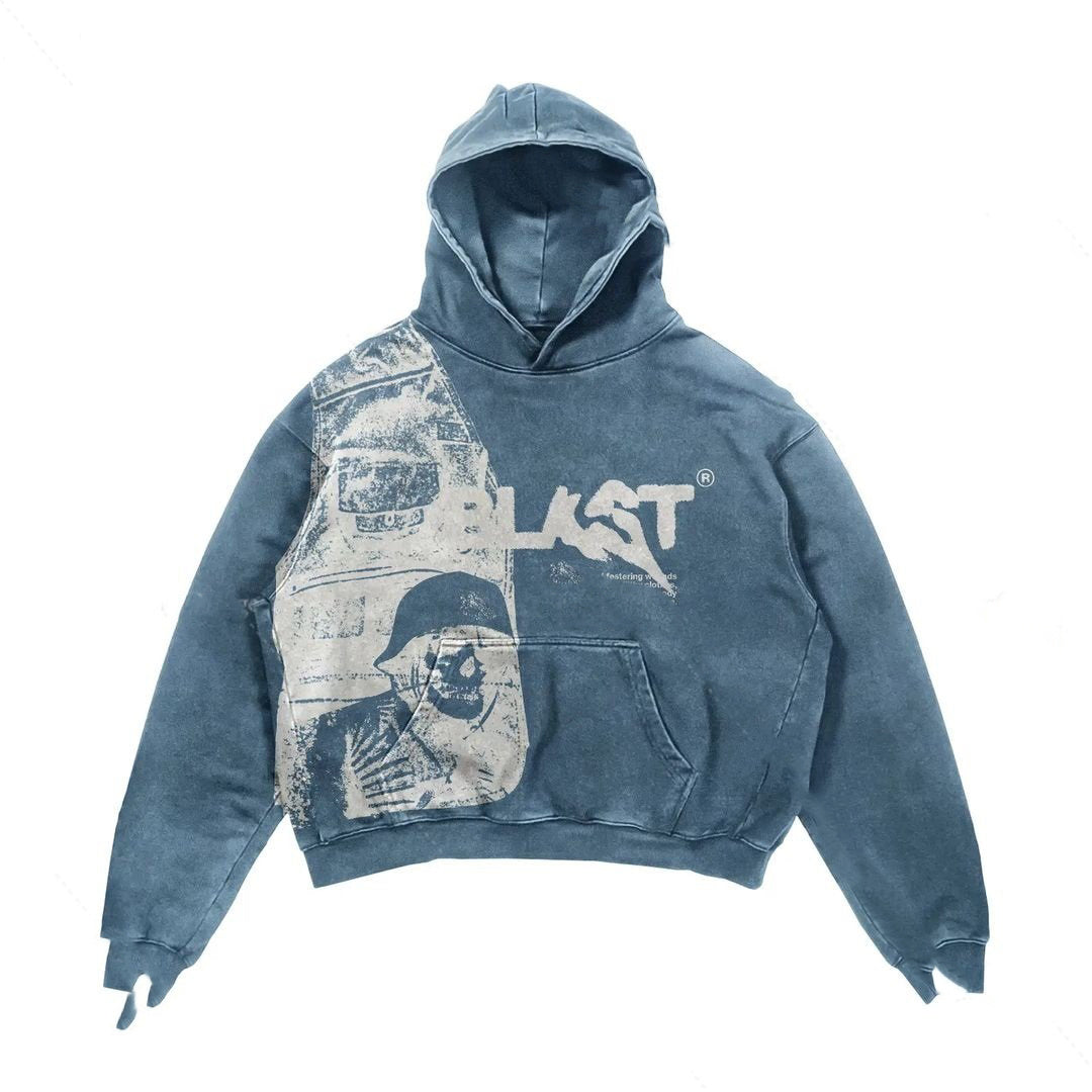 Sweat à Capuche Oversize en Polyester avec Graphique Détresse – Style Urbain Vintage 1