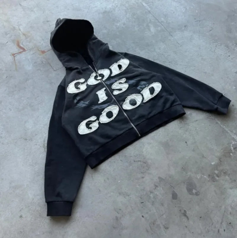 Sweatshirt Zippé Unisexe Oversize à Capuche avec Détails Patchwork - Style Streetwear 1