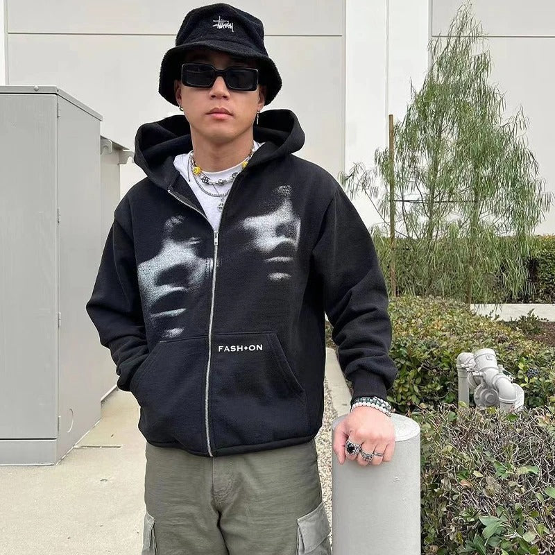 Sweatshirt Zippé Unisexe Oversize en Coton avec Capuche et Imprimé Graphique – Décontracté et Confortable 1