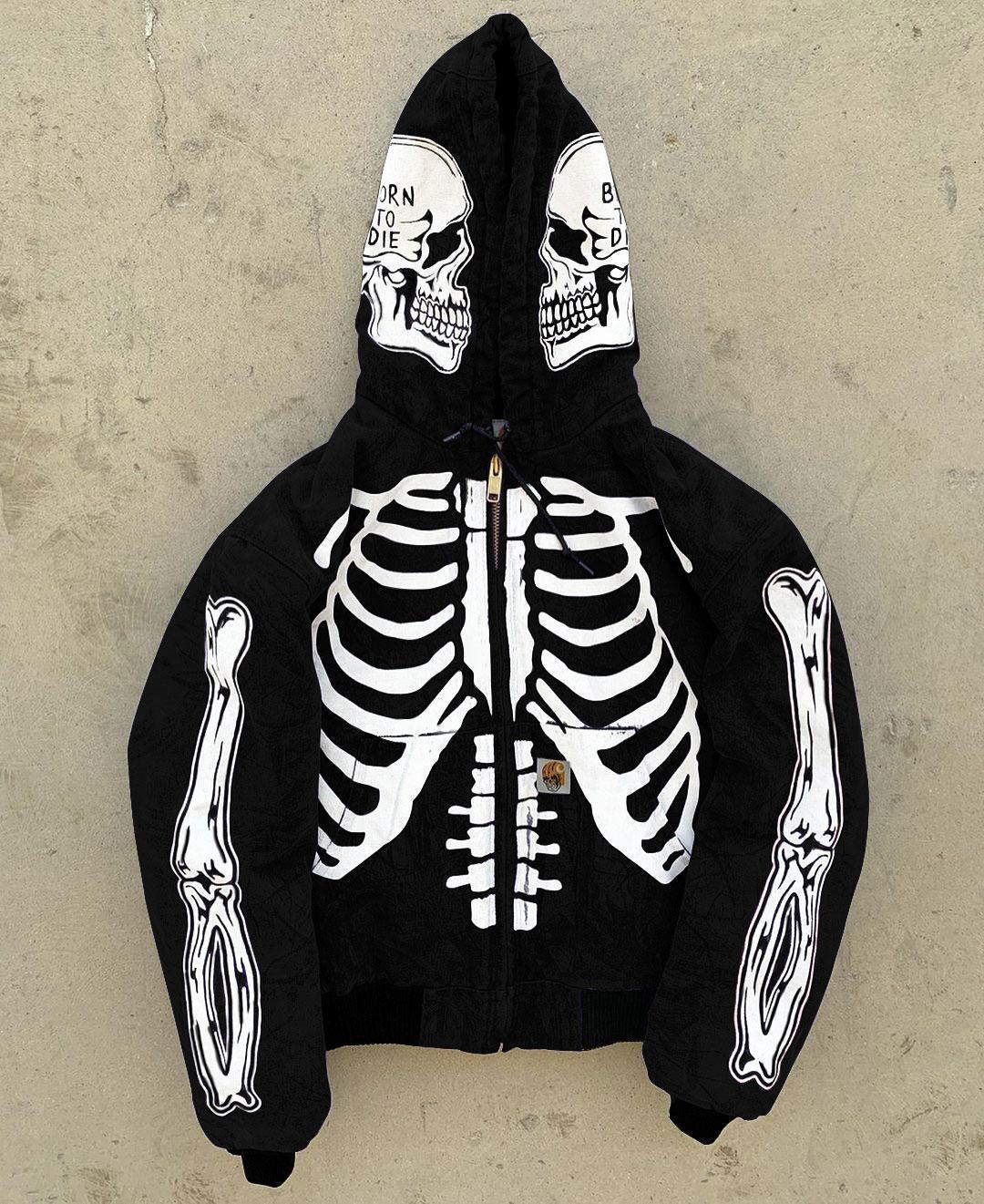 Sweatshirt Zippé à Capuche Squelette pour Hommes en Polaire – Design Graphique Urbain et Confort Optimal 0