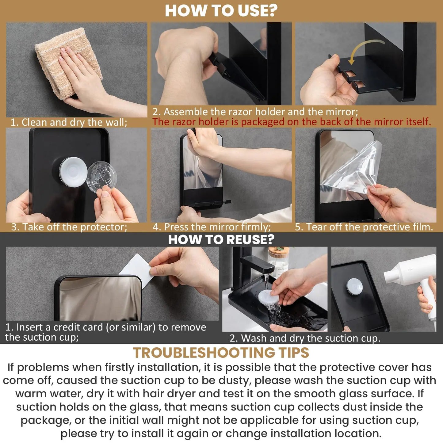 Tali Shower Mirror | Fogless, Suction Cup with Razor Holder