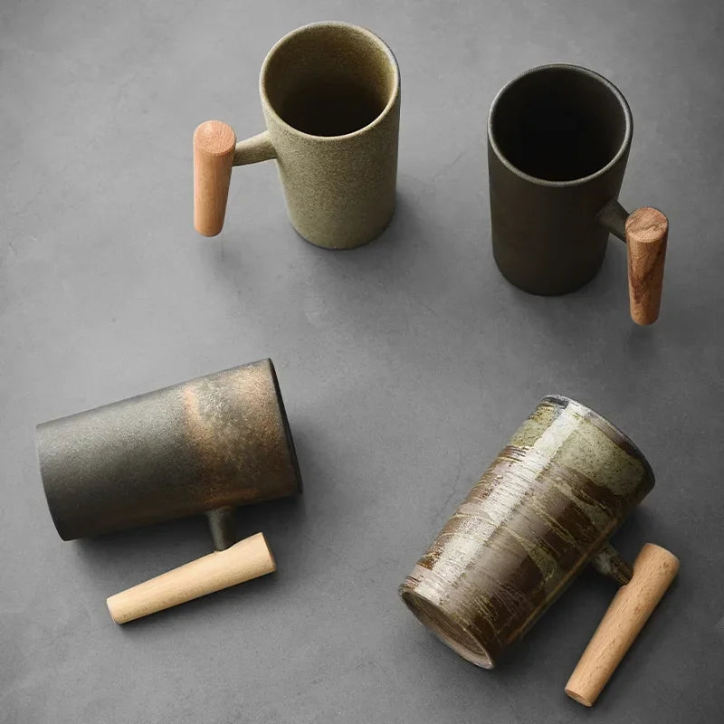 Tasse à Café en Grès Japonais avec Poignée en Bois – Artisanat Unique Parfaite pour Couples, Design Élégant et Durable