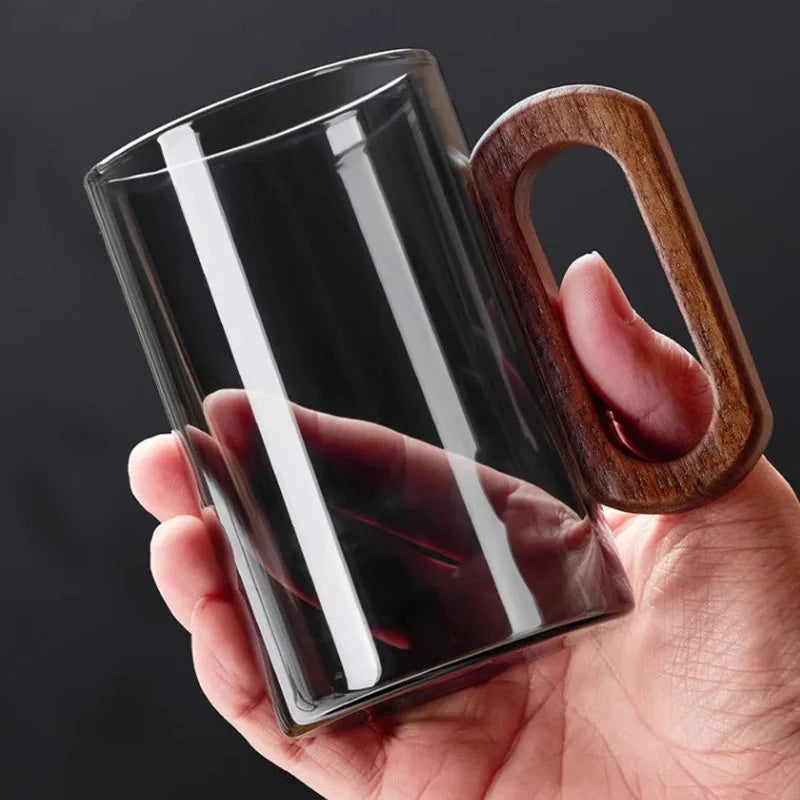Tasse à Thé en Verre Borosilicate de 360ML avec Manche en Bois Naturel – Grande Capacité