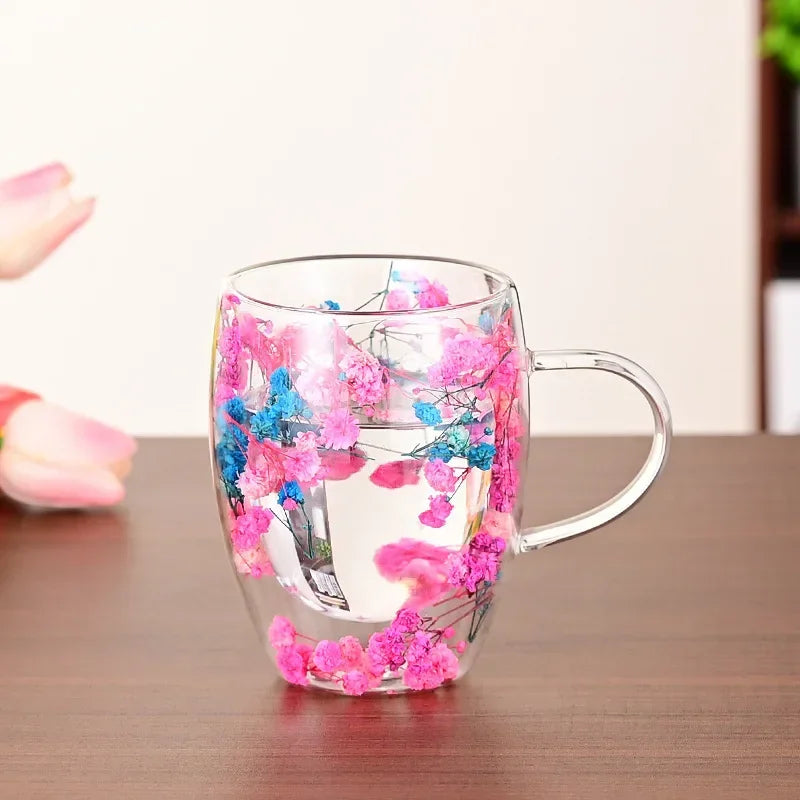 Tasse en Verre à Double Paroi avec Poignée et Fleurs Séchées – 300 ml