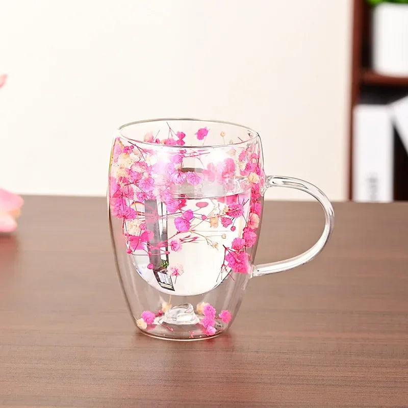 Double Wall Glass Mug with Handle and Dried Flowers – 300 ml