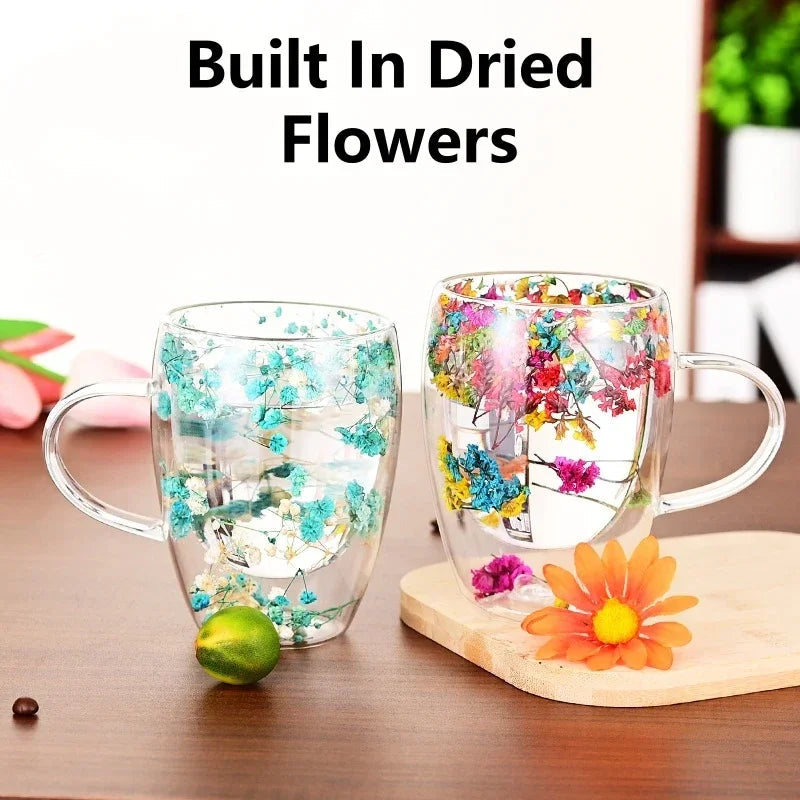 Tasse en Verre à Double Paroi avec Poignée et Fleurs Séchées – 300 ml