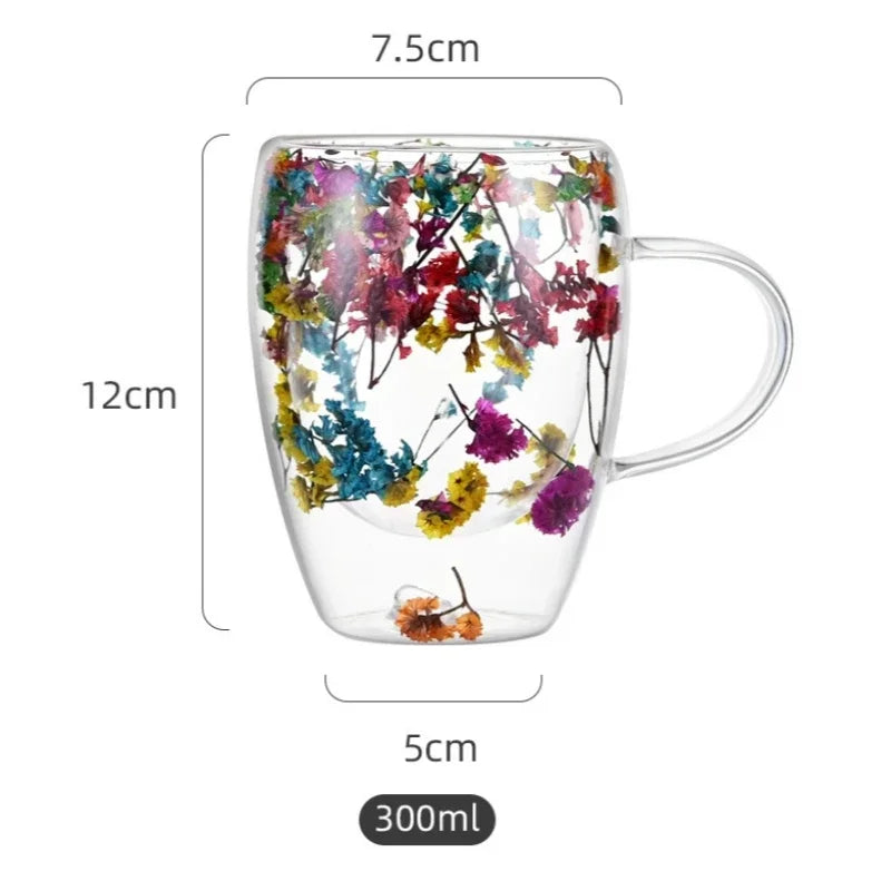 Tasse en Verre à Double Paroi avec Poignée et Fleurs Séchées – 300 ml