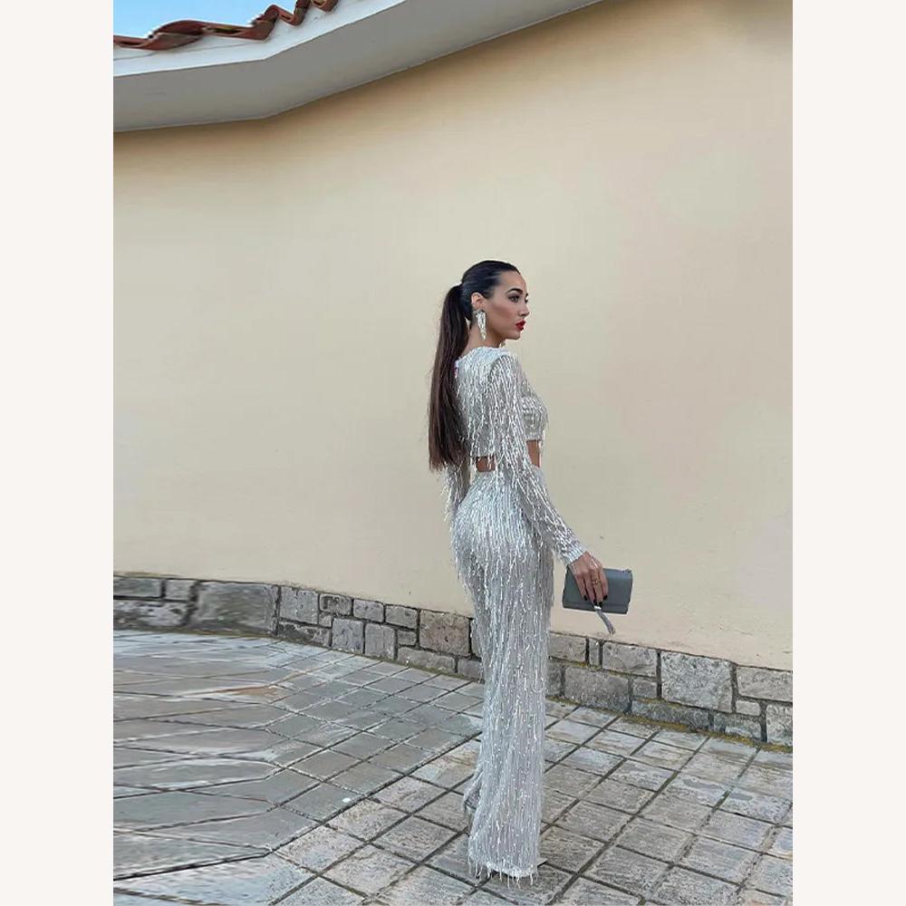 Ensemble Tailleur Femme Argenté à Franges Pailletées – Top Court et Pantalon Taille Haute pour Soirées Chics