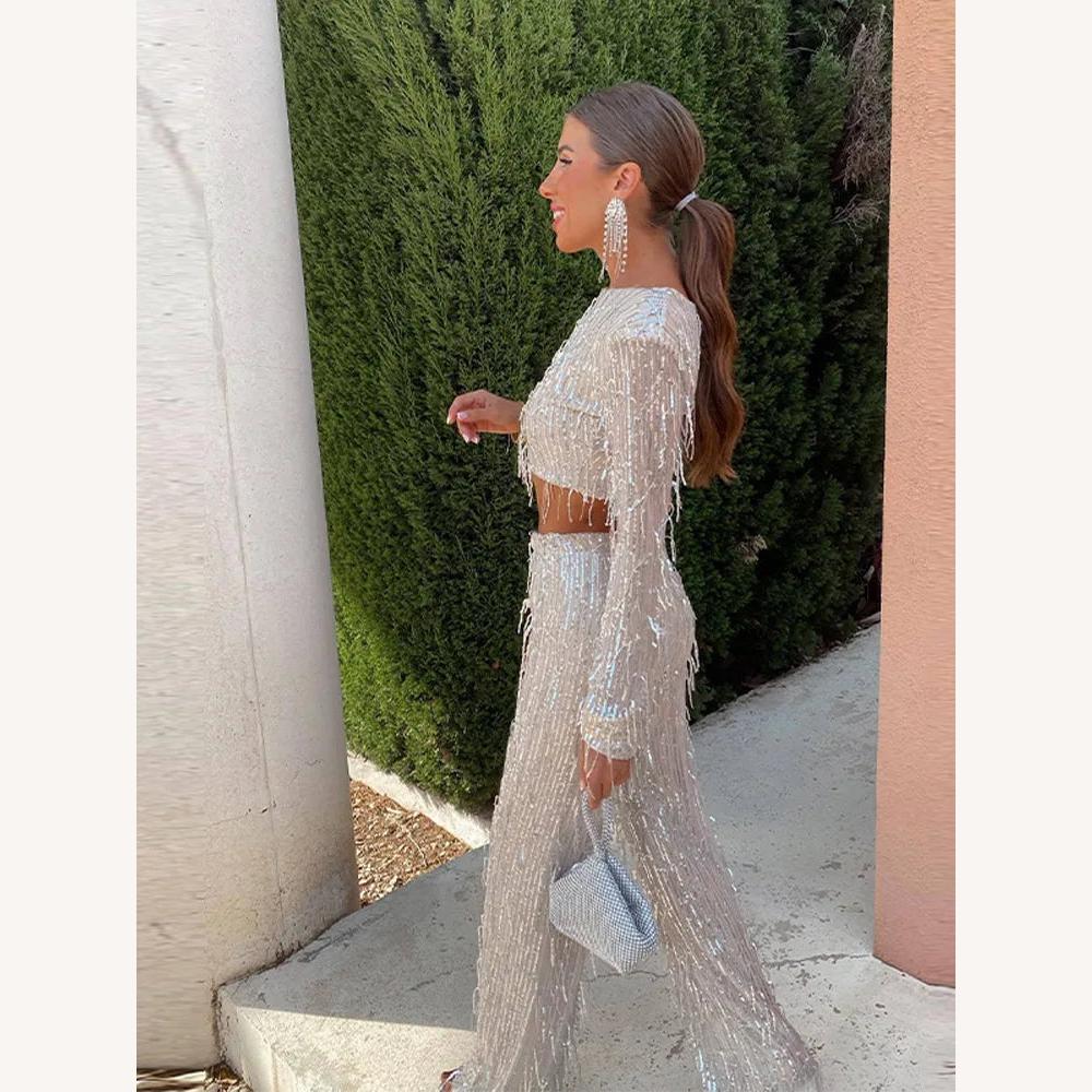 Ensemble Tailleur Femme Argenté à Franges Pailletées – Top Court et Pantalon Taille Haute pour Soirées Chics