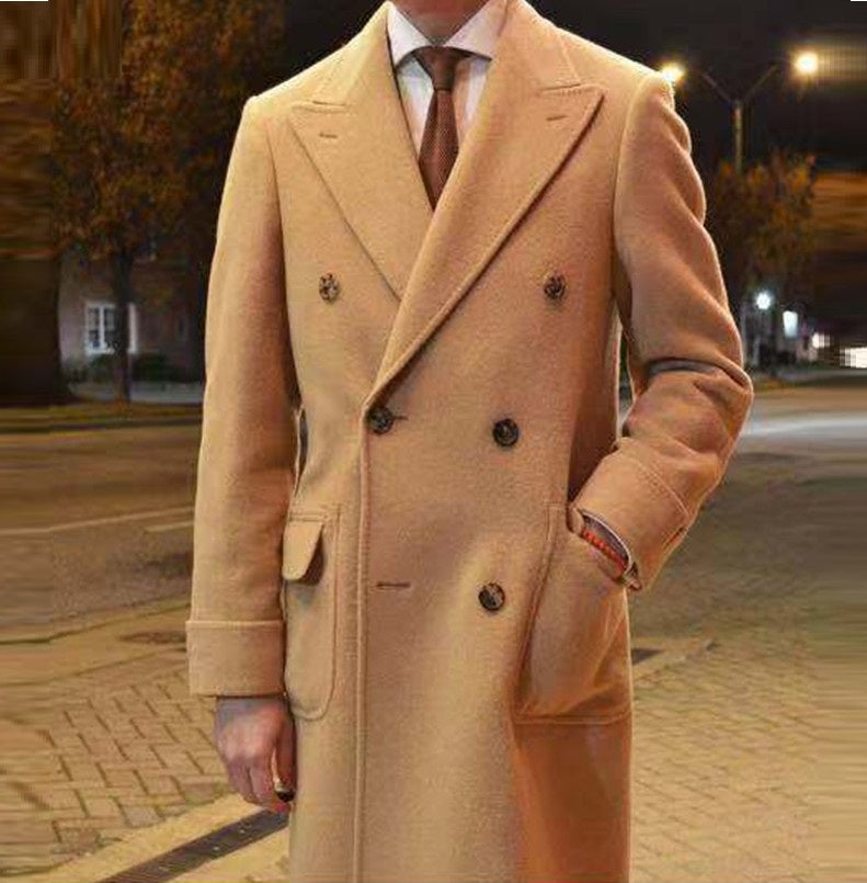Trench Coat Men Slim Wool Double Breasted – Elegant for Winter