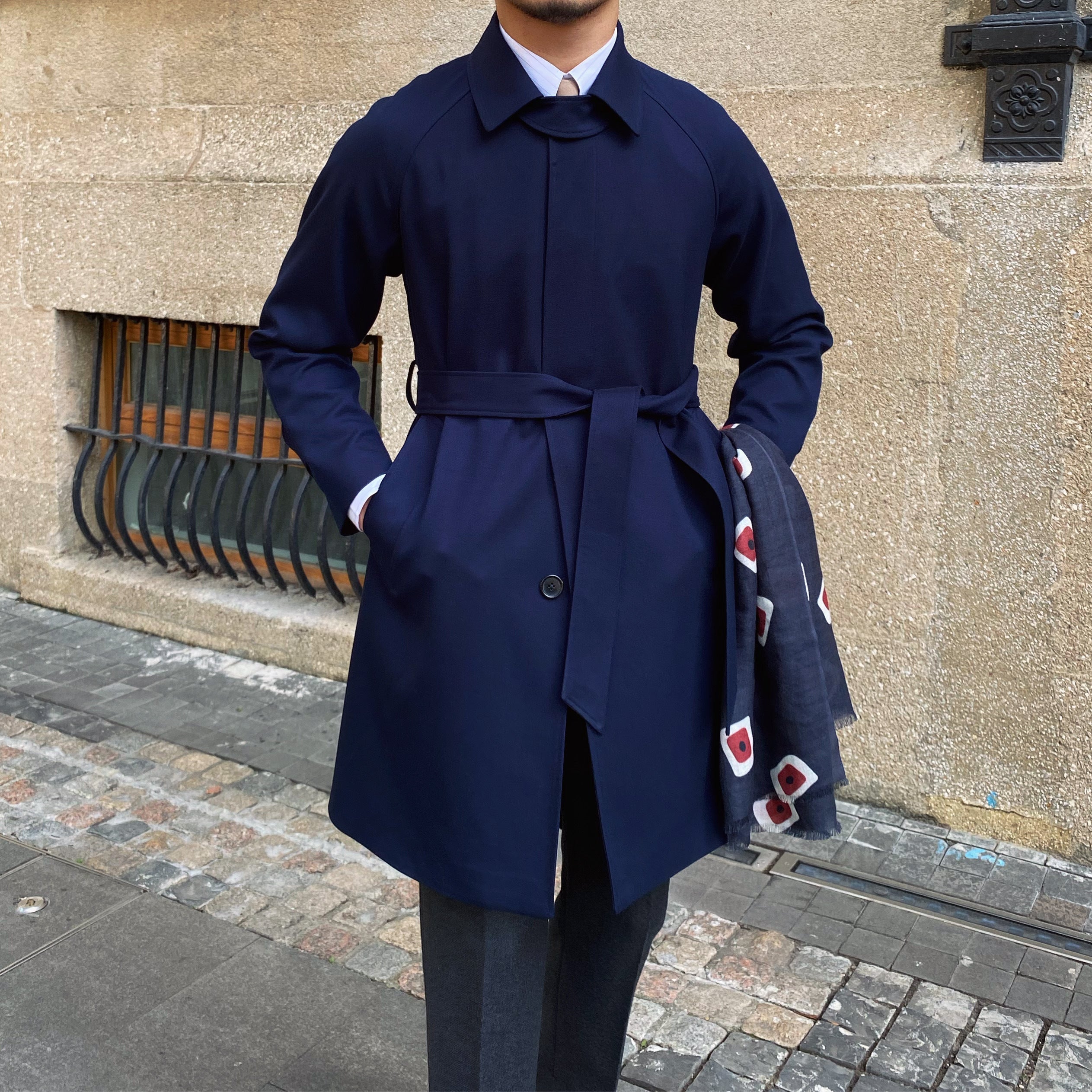 Trench Coat Men Mid-Thigh in Polyester and Wool Blend with Belt
