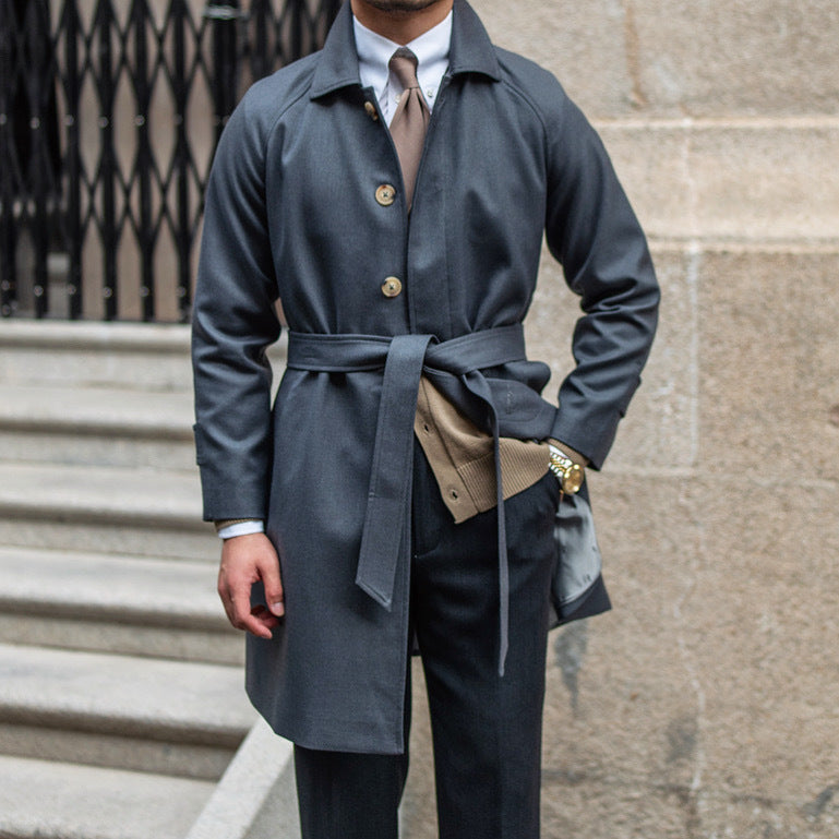 Trench Coat Men Mid-Thigh in Polyester and Wool Blend with Belt