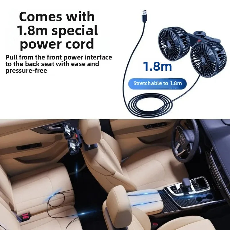 Ventilateur USB Portable à 3 Vitesses pour Voiture avec Double Tête et Rotation 360°