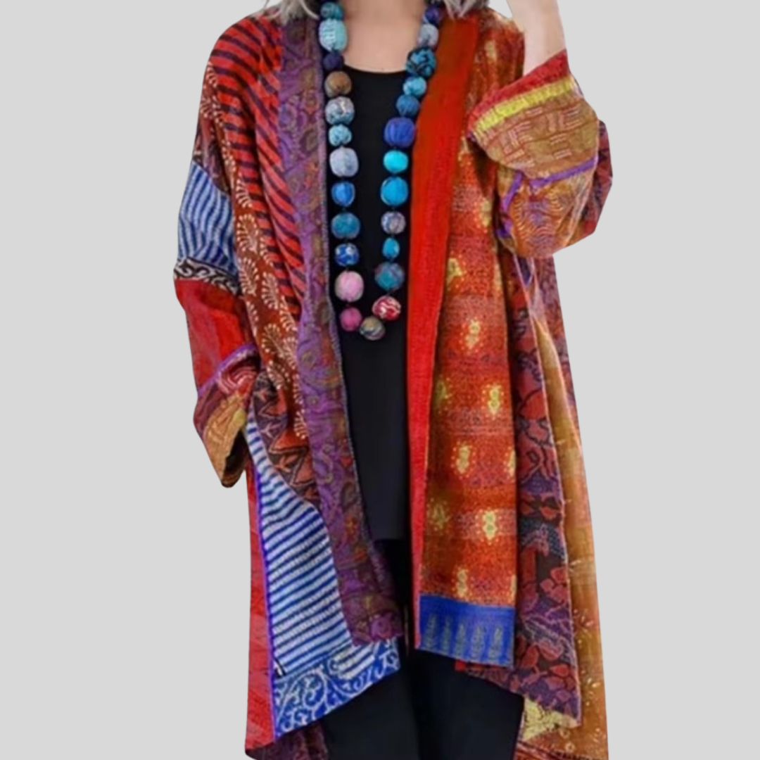 Vera Long Cardigan | Ethnic Print, Cotton-Linen Blend for Women