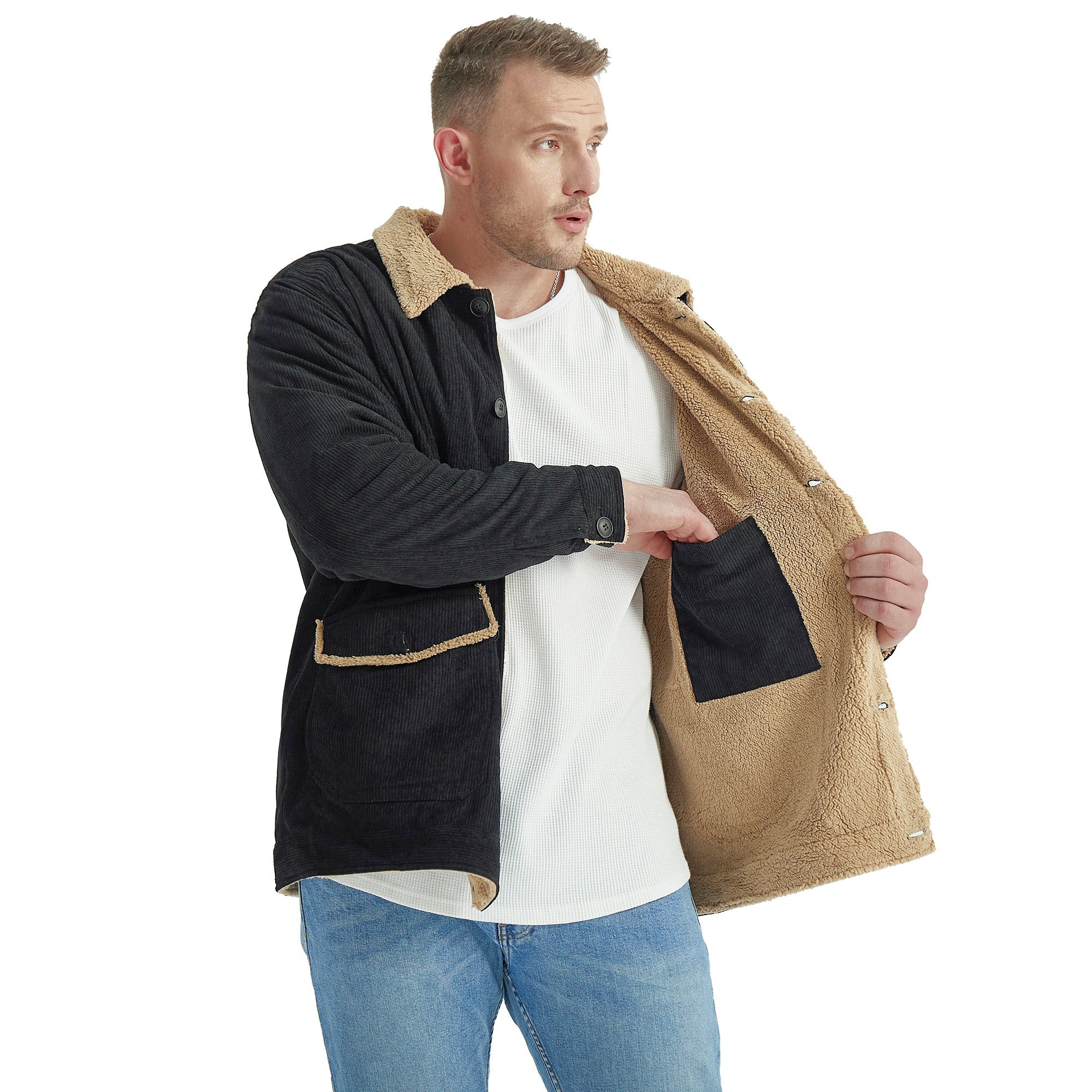Veste Mi-Longue en Velours Côtelé avec Doublure Sherpa pour Hommes