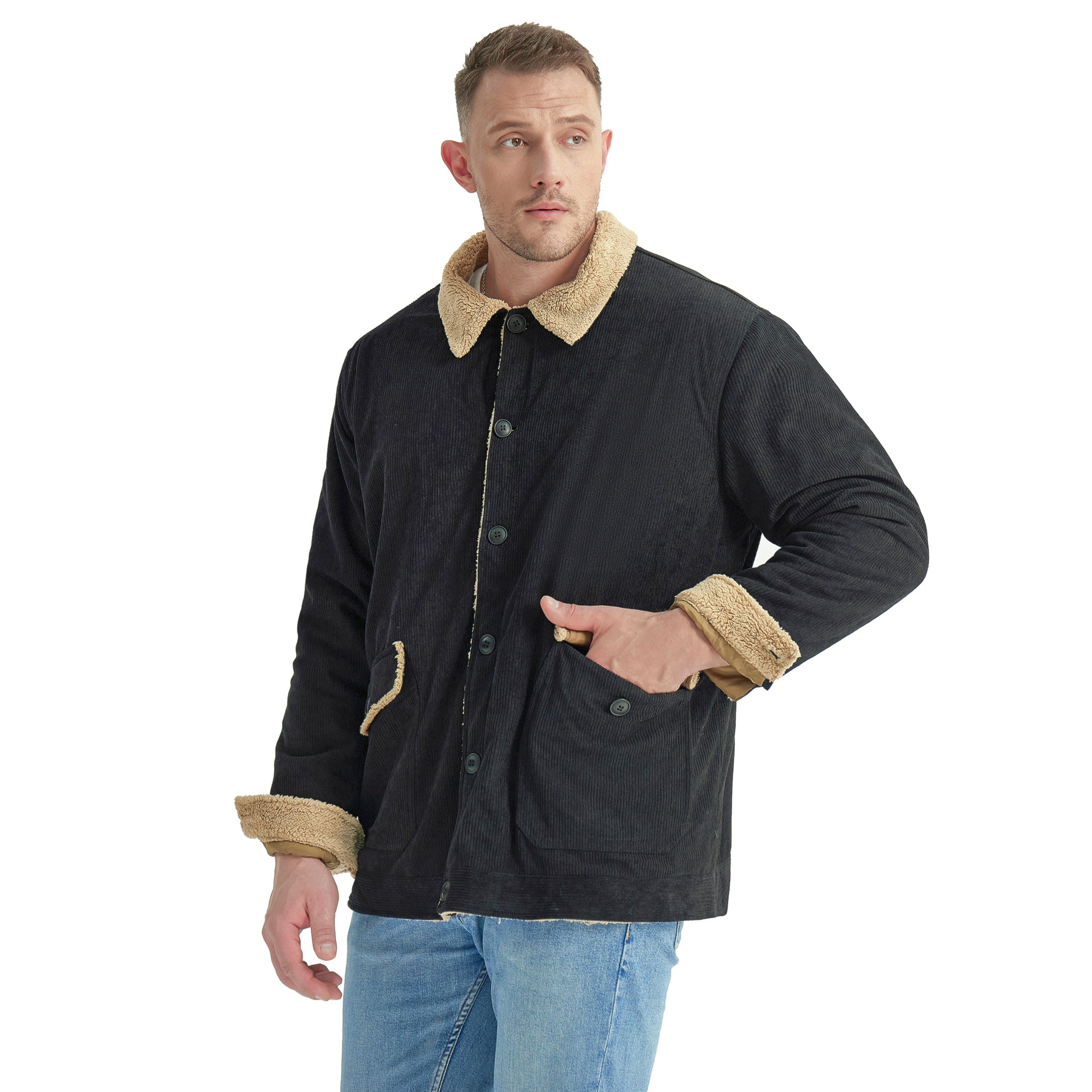 Veste Mi-Longue en Velours Côtelé avec Doublure Sherpa pour Hommes