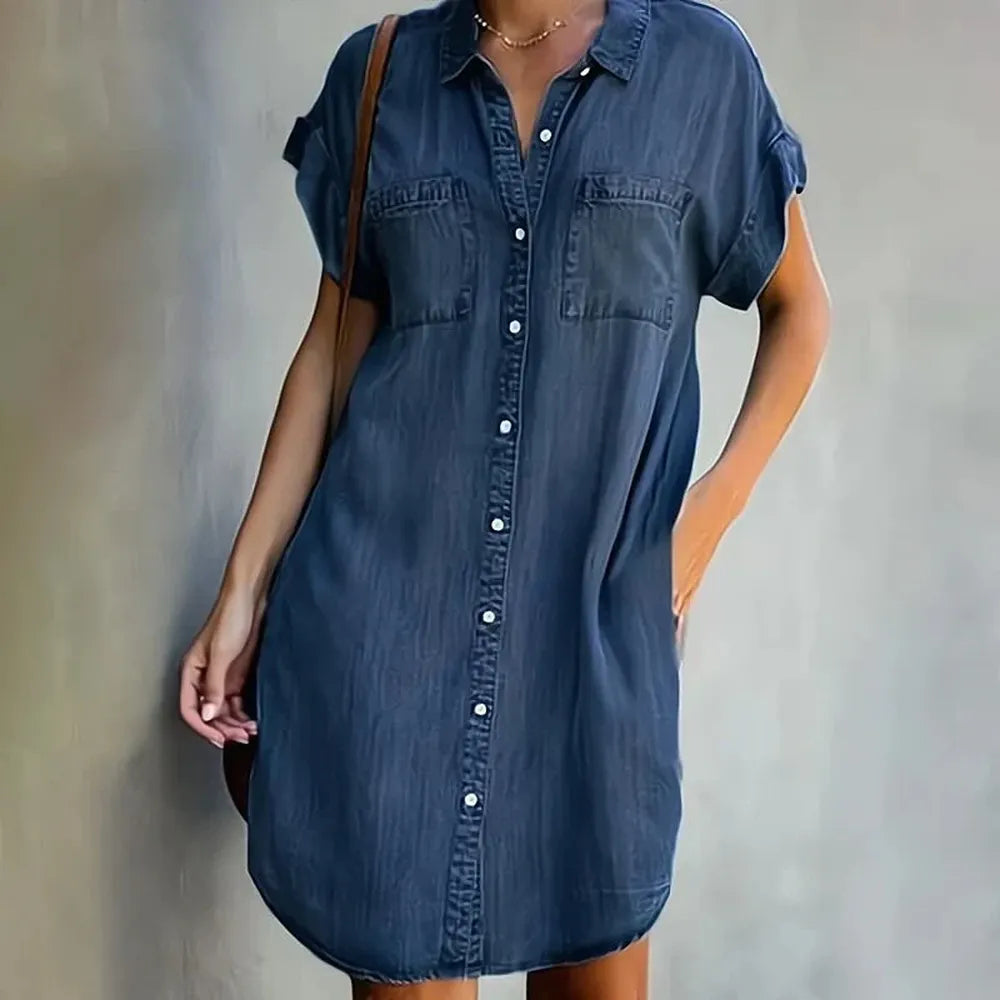 Elegant Dark Blue Women's Denim Dress, Turned Collar and Short Sleeves - Comfortable and Chic Denim Dress
