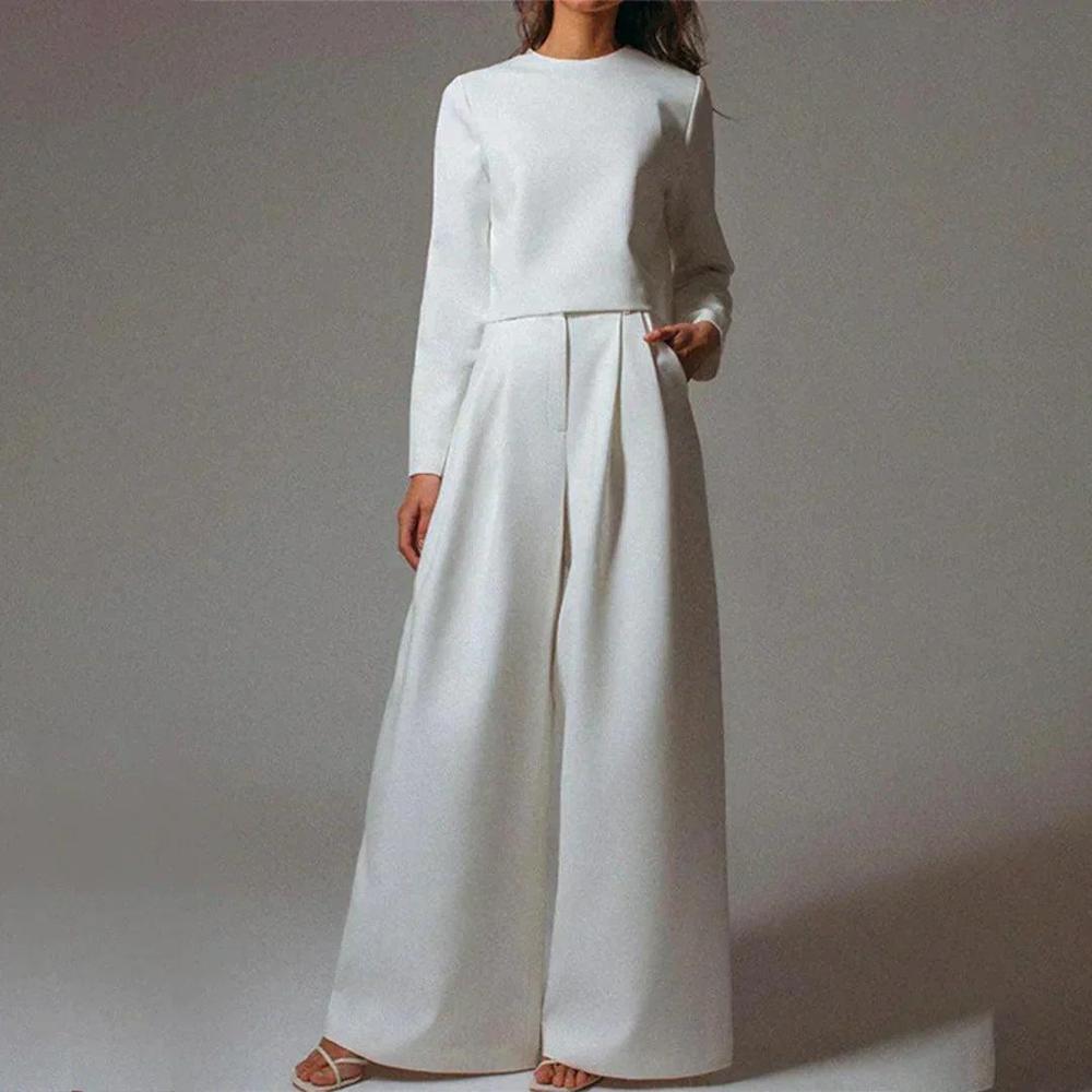 Ensemble Tailleur Femme Chic à Jambes Larges – Haut Court et Pantalon Taille Haute en Polyester