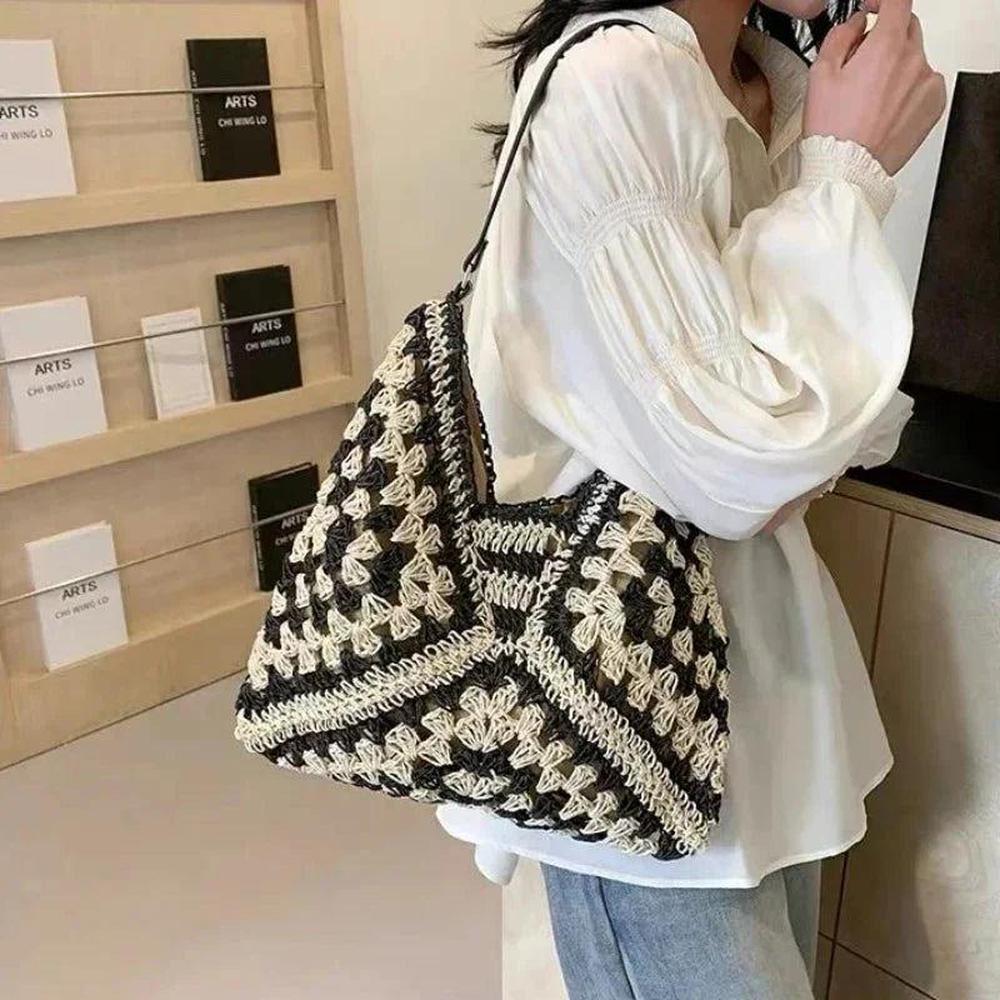 Sac Bandoulière Femme Bohème en Paille – Élégant et Léger, Brun Clair et Noir, 35 cm x 22 cm
