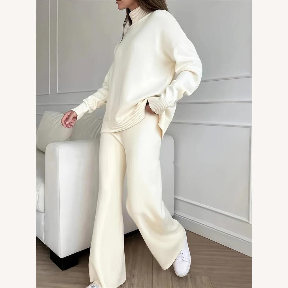 Ensemble Lounge en Maille Blanc avec Pull Col Montant et Pantalon Large Taille Haute – Confort Élégant pour Femme
