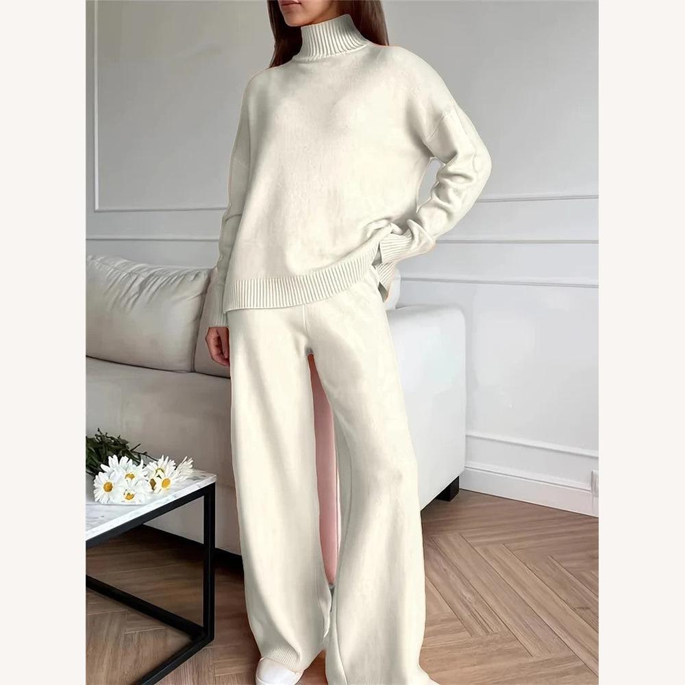 White Knit Lounge Set with Turtleneck Sweater and High-Waisted Wide-Leg Pants – Elegant Comfort for Women