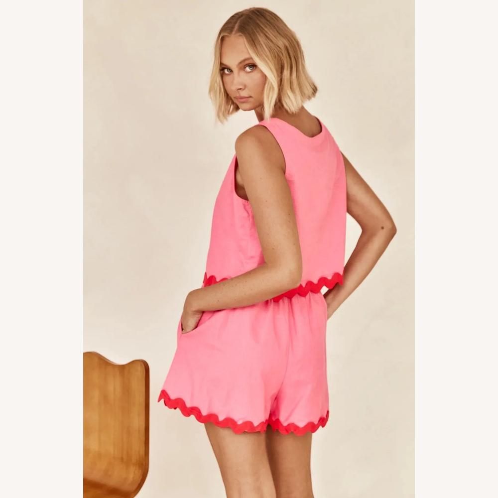 Ensemble Coordonné Léger Femme – Haut Sans Manches et Short Taille Haute en Mélange Coton-Polyester, Finitions Ondulées, Beige Noir Rose