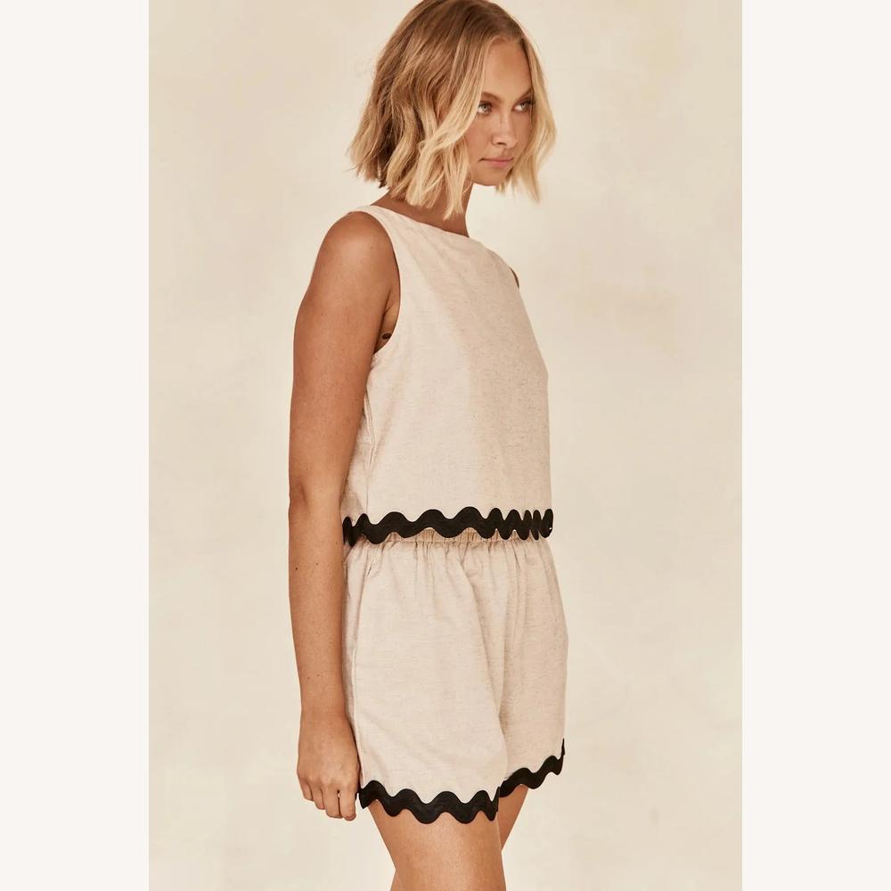 Ensemble Coordonné Léger Femme – Haut Sans Manches et Short Taille Haute en Mélange Coton-Polyester, Finitions Ondulées, Beige Noir Rose