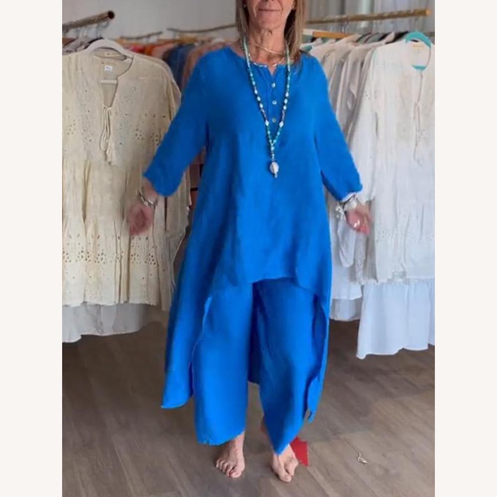 Ensemble Tailleur Femme en Lin Léger avec Tunique Asymétrique et Pantalon Ample – Idéal pour l'Été