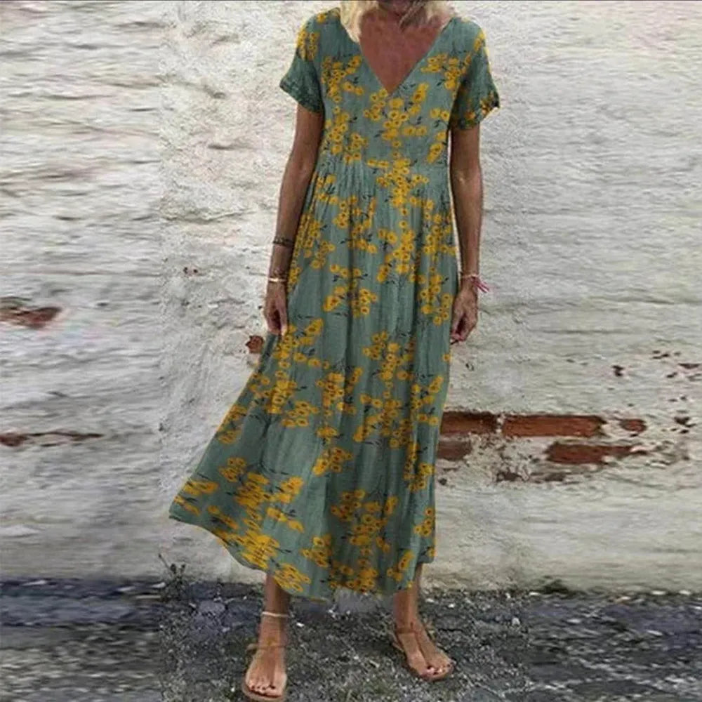 Robe d'Été Femme à Fleurs - Encolure en V, Manches Courtes, Coton et Rayonne, Chic et Confortable