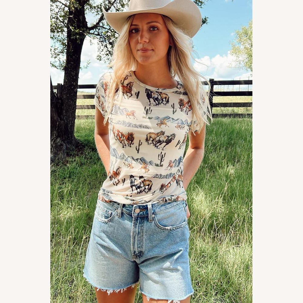 Tee Shirt Femme Beige Imprimé Western avec Chevaux et Cactus – Coton Stretch, Coupe Classique, Manches Courtes