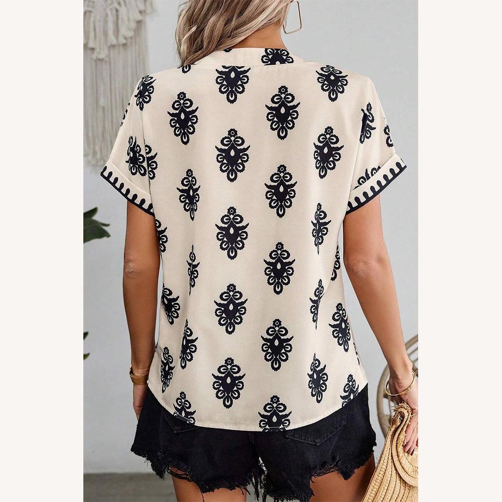 Blouse Femme Imprimée Bohème en Polyester Léger avec Col en V et Manches Courtes - Beige et Noir
