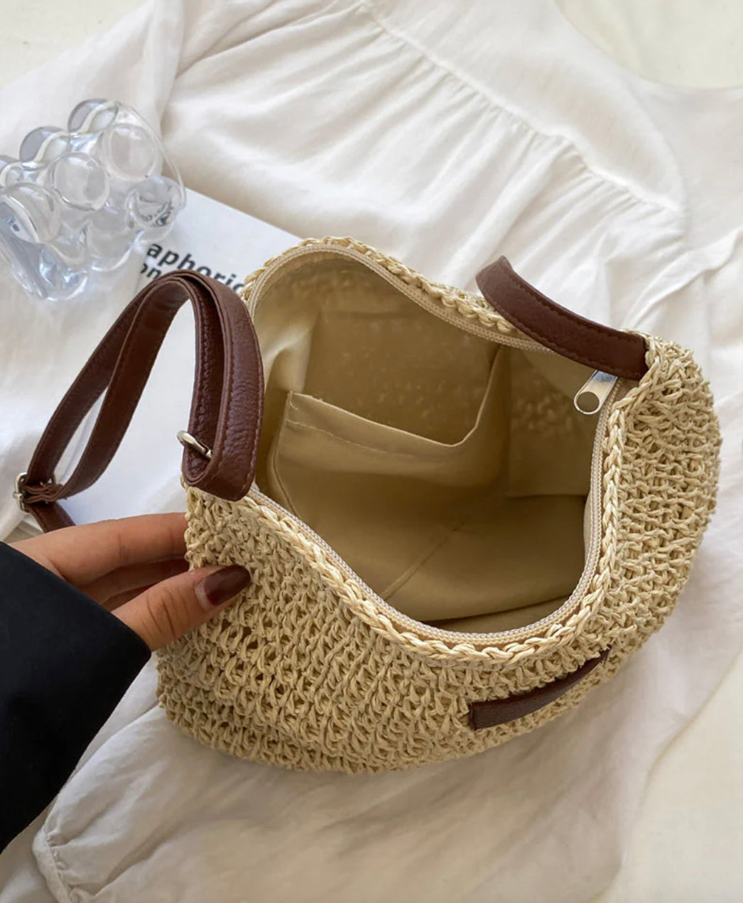 Sac à Bandoulière Femme en Paille Premium avec Bandoulière Ajustable en Cuir Végan – Idéal pour le Quotidien