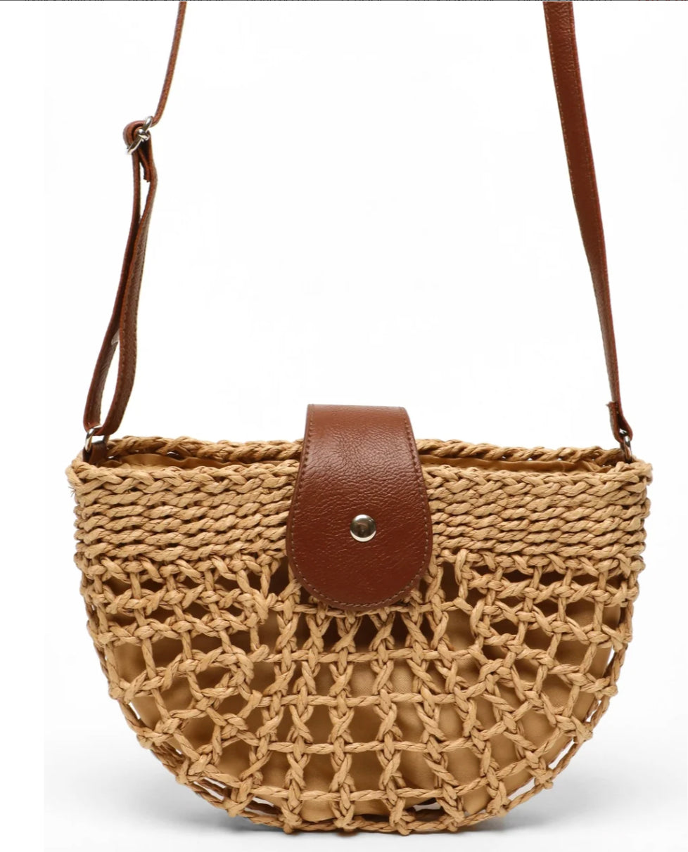 Sac à Main Femme en Osier Élégant avec Poche Intérieure – Sac Bandoulière Pratique en Paille et Cuir